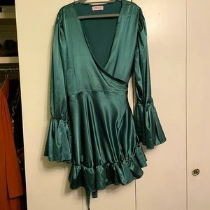 Emerald Green Loud Bodies Gabrielle Ruffled Satin Wrap Dress